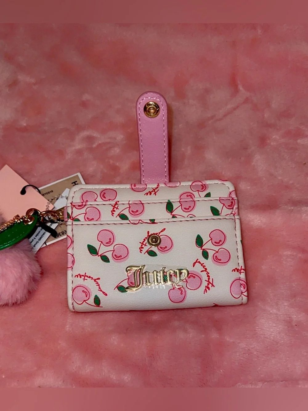 Juicy Couture Soft White and Pink Cherry Card Holder with Pink Cherry Pom Charm